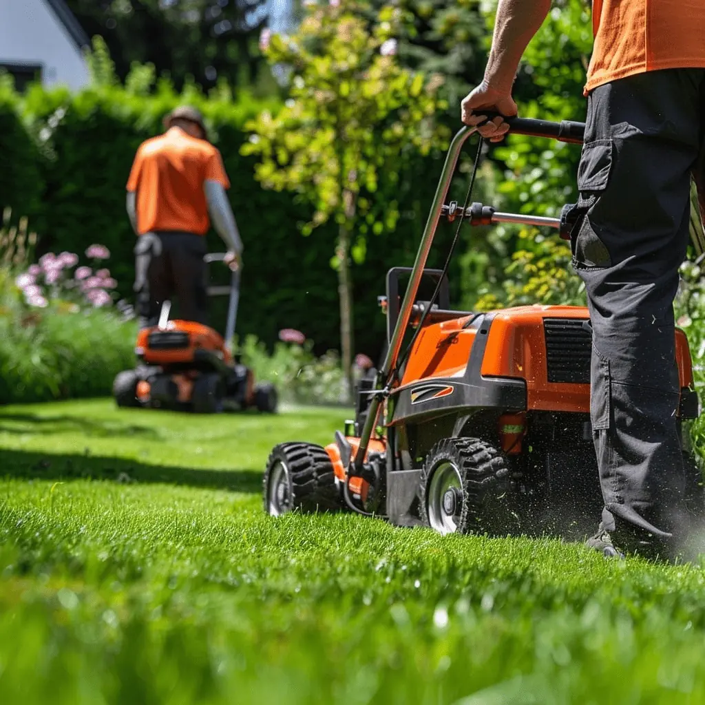 Landscapers cleaning and mowing residential lawn