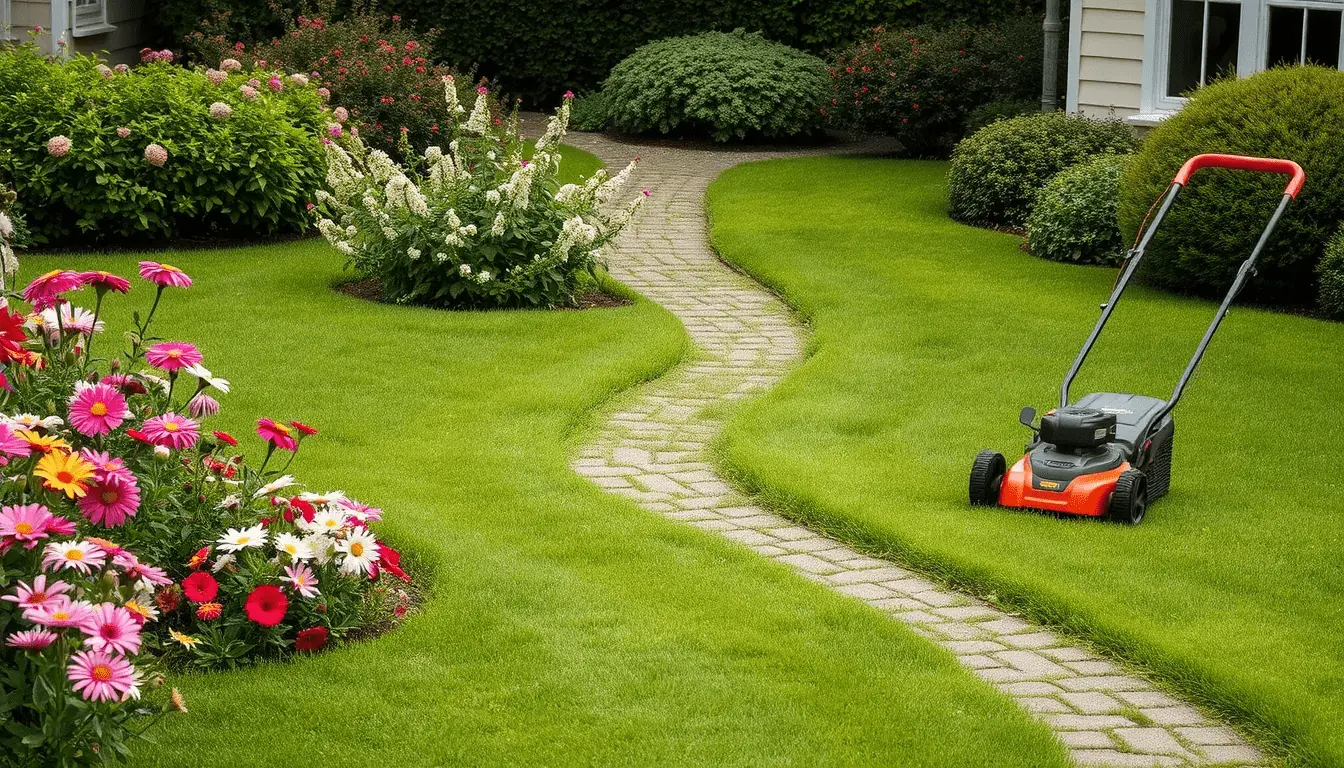 Lawn mower on a manicured garden lawn