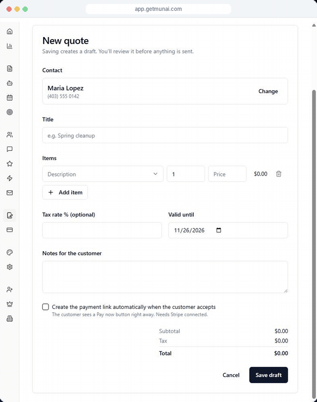 Digital form for creating a new customer quote within a business software interface.
