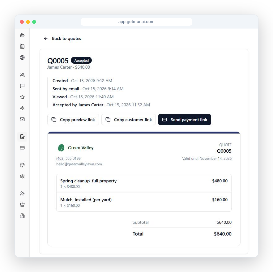 Web interface displaying an accepted landscaping service quote with itemized pricing details.