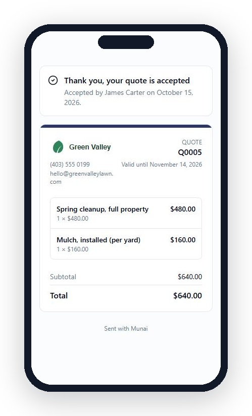 Smartphone interface displaying an accepted digital quote for landscaping services.